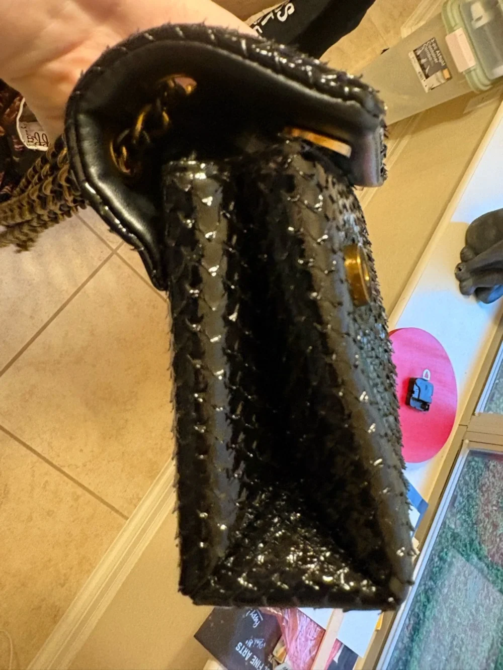 Kurt Geiger Black Patent Snake-Embossed Crossbody Bag with Gold Hardware - Picture 5 of 8